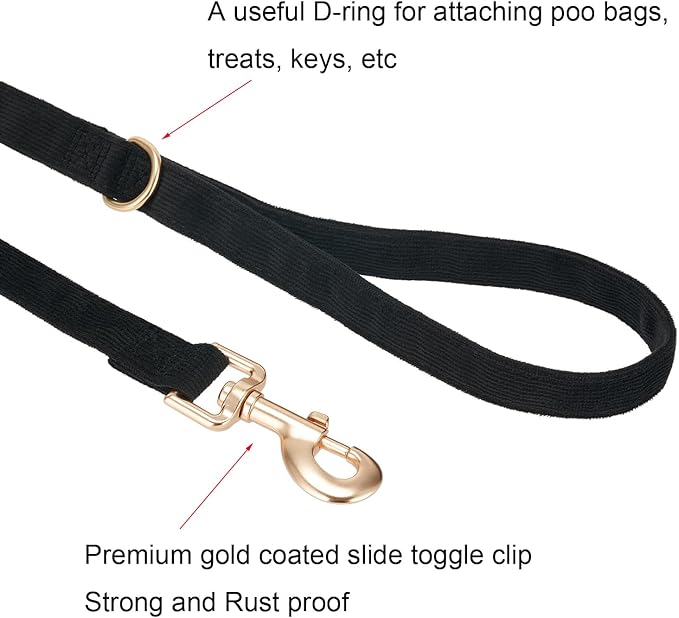 Soft Corduroy Dog Collar and Leash Set, Adjustable Cotton Dog Collars with Metal Buckle and Lead for Large Dogs,Black