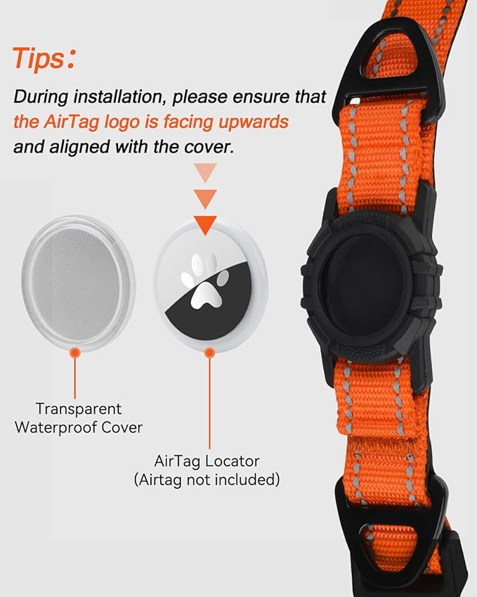 Joytale Airtag Dog Collar, Dual D-Rings, Reflective Pet Collar with Waterproof AirTag Holder, Soft Padded Adjustable for Small Dogs, Orange, S