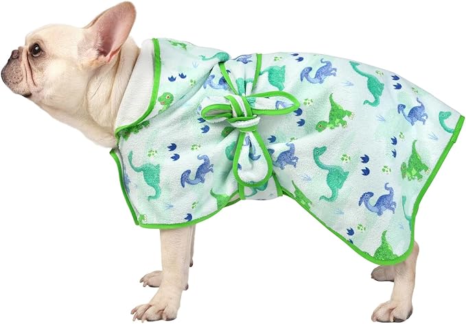 HDE Dog Bathrobe Super Absorbent Quick Drying Towel with Hood for All Dog Breeds Sizes S-XXL - Cute Dinosaurs - M