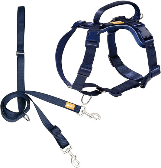 DF Freedom No Pull Martingale Dog Harness and Double-Ended Leash Set, Safety Control to Stop Pulling, Reflective & 5-Point Adjustable, Support Padded Handle, Navy Blue Pro, 1", Chest 22.4" - 30.4"