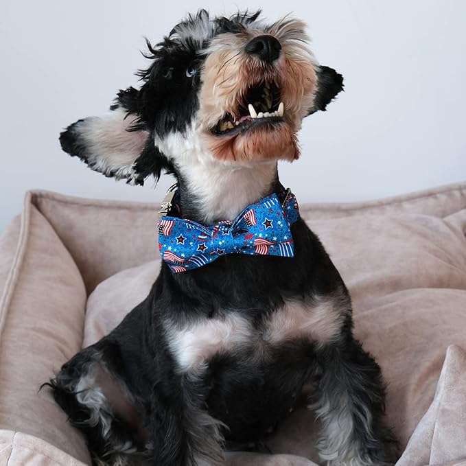 Patriotic Dog Collar with Bow Tie, 4th of July Bowtie Dog Collar, American Flag Collar for X-Large Boy Girl Dog, Comfortable Summer Bowtie Collar with Metal Buckle, XL