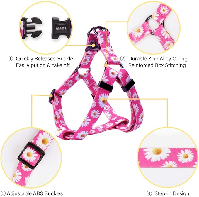 QQPETS Dog Harness Leash Set Adjustable Heavy Duty No Pull Halter Harnesses for Small Medium Large Breed Dogs Back Clip Anti-Twist Perfect for Walking (S(14"-20" Chest Girth), Daisy)