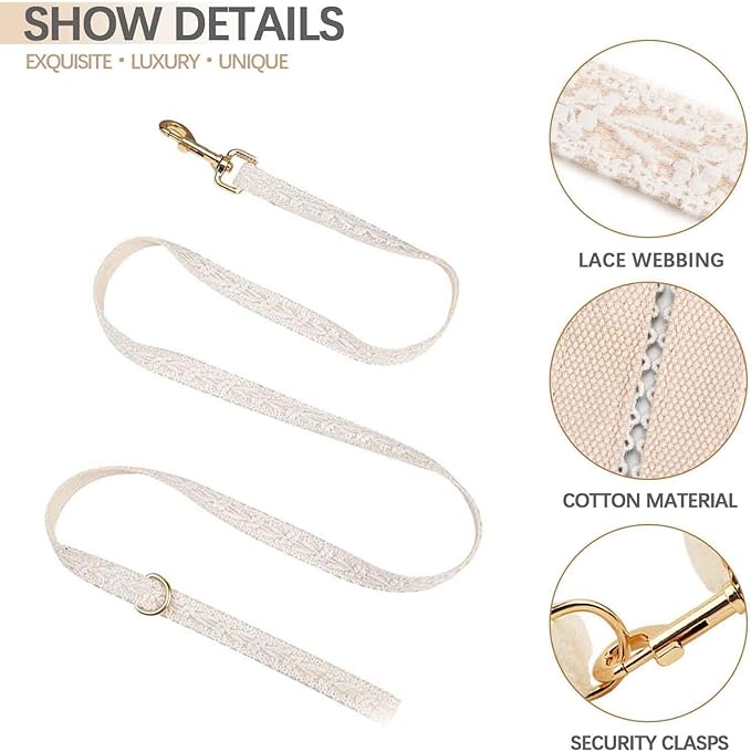Dog Harness Set Easy Walk No Pull Dog Harness with Handle Girl Leash and Harness for Medium Dogs with Bow & Metal Clasp Adjustable Lace Dog Vest Harness for No Choke Escape Proof Pet Outfit (White,M)