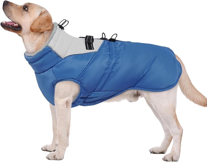 ROZKITCH Dog Jacket for Cold Weather, Dog Coat for Autumn Winter with Turtleneck, Pet Clothes with Adjustable Buckles, Soft Warm Pet Clothing with Reflective Strip for Medium Large Dogs Blue L