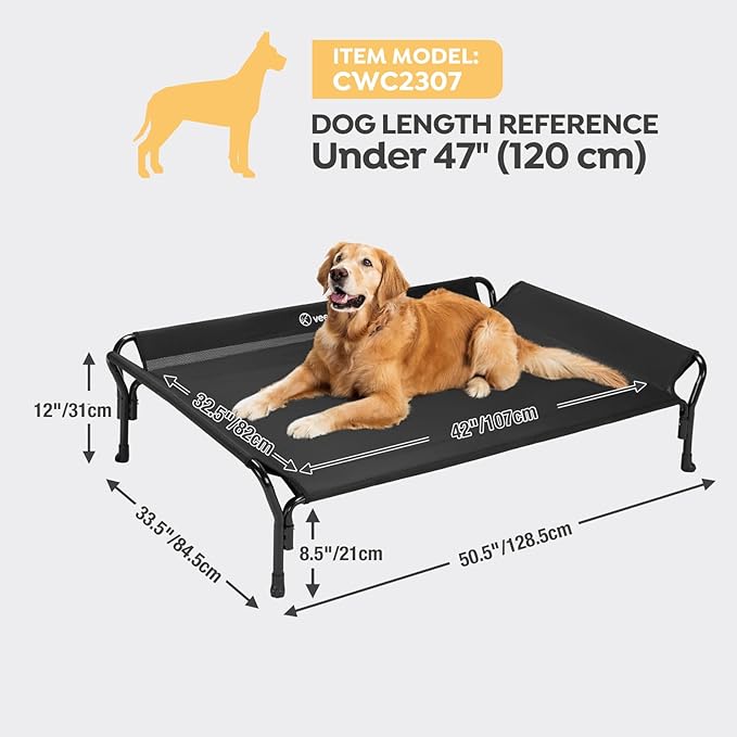 Veehoo Cooling Elevated Dog Bed, XL Raised Pet Cot with Guardrail & Slope Headrest, Durable Breathable Teslin Mesh, Non-Slip Feet, Washable Dog Couch Bed for Indoor & Outdoor, 50.5" x 33.5, Black