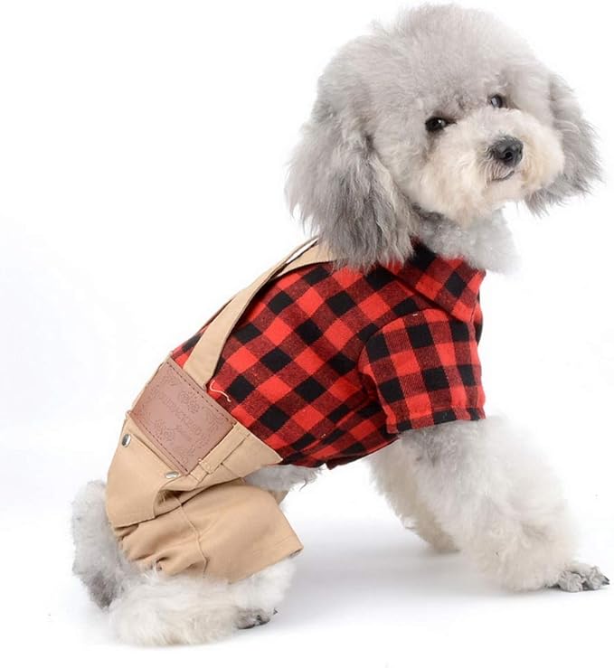 SMALLLEE_LUCKY_STORE Pet Clothes for Small Dog Cat Red Plaid Shirts Sweater with Khaki Overalls Pants Jumpsuit Outfits S