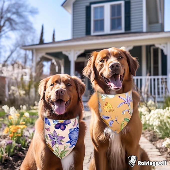 Summer Dog Bandanas 2 Pack, 4 Pattern Reversible Spring Flower Dog Bandana, Adjustable, Washable, Triangle Scarf for Medium to Large Breed Dogs, boy and Girl (Large)