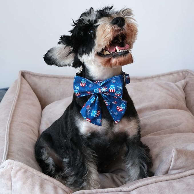 Patriotic Dog Collar with Bow Tie, 4th of July Bowtie Dog Collar, American Flag Collar for Puppy Boy Girl Dog or Cat, Comfortable Summer Bowtie Collar with Metal Buckle, XS
