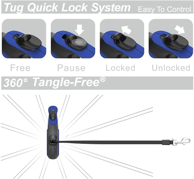 TUG 360° Tangle-Free Retractable Dog Leash with Anti-Slip Handle | 16 ft Strong Nylon Tape | One-Handed Brake, Pause, Lock (Small, Blue)