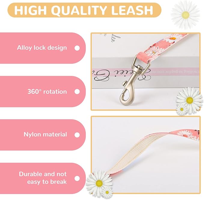 BAEJMJK Dog Harness and Leash Set with Bow Knot No Pull Pet Daisy Floral Harness with D-Ring Soft Mesh Dog Harness Vest Set Escape Proof Princess Puppy Harness for Small Girl Dogs Cats(Pink L)