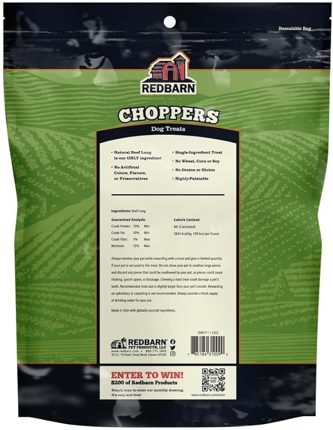 Redbarn Pet Products Choppers Beef Lung Dog Chews, Natural, Made in USA, High-Protein Low-Fat, Grain-Free, Single Ingredient for All Dog Sizes - 9 oz Bag, Pack of 8