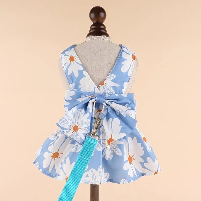 Dog Dress Bowknot Harness Leash Set for Small Girl Dogs Blue Daisy Floral Dog Cat Clothes Cute Puppy Outfits Pet Clothes Spring Summer Breathable Dresses(Small)
