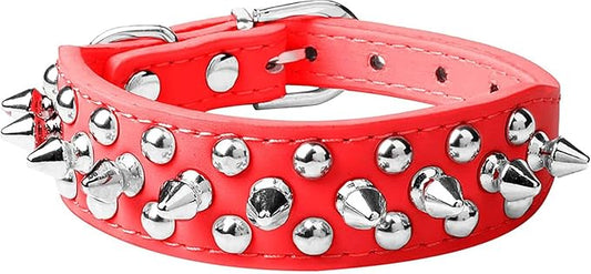 Spiked Dog Collar Soft Pu Leather Mushrooms Rivet Spike Studded Puppy Adjustable Pet Collars for Small Breeds (L, Red)