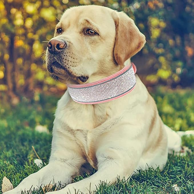 Bling Rhinestone Dog Collar Soft Comfortable Stylish Dog Collar with Bright Reflective Stripe Premium Adjustable Diamond Crystal Pet Collar for Small Medium and Large Dogs (L, Pink)