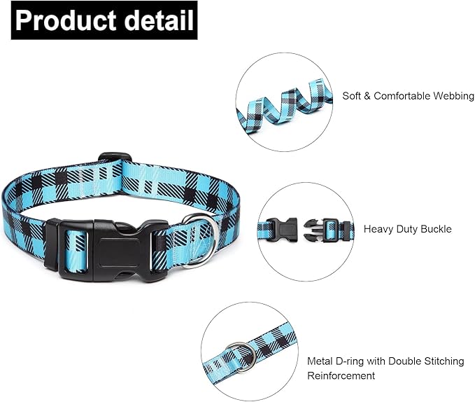 Adjustable Dog Collar with Patterns, Ultra Comfy Soft Nylon Breathable Pet Collar for Small Medium Large Dogs (L, Blue Plaid)