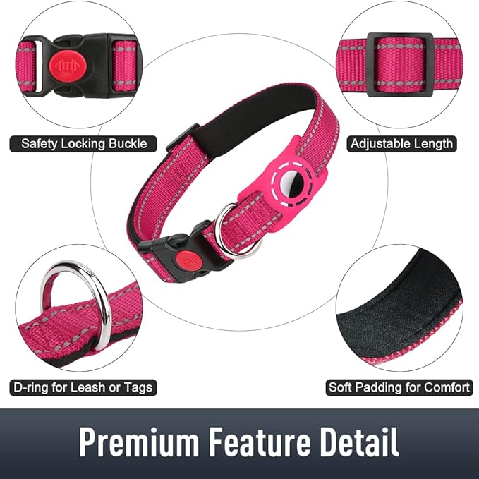 Airtag Dog Collar with AirTag Holder for Medium Dogs, Reflective, Soft Padded & Safety Locking Buckle, Nylon Pet Collars Adjustable for All Breeds, Hotpink,M