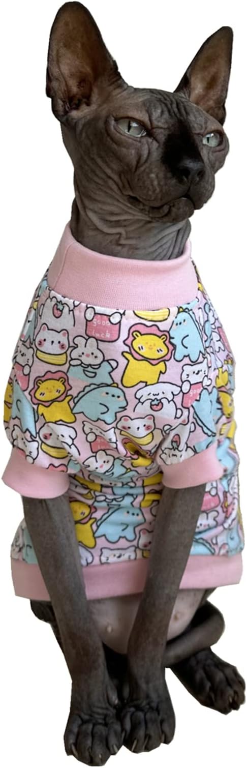 Sphynx Hairless Cat Cute Summer Cotton T-Shirts Pet Clothes,Round Collar Kitten Shirts Cats Apparel (Cute Animals, X-Large (Pack of 1))
