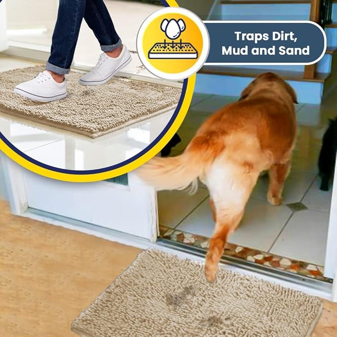 Muddy Mat® Shown on TV – Super Absorbent Microfiber Dog Door Mat for Muddy Paws, Non-Slip Washable Pet Rug, Quick Dry Chenille Entryway Carpet, Machine Washable Indoor Outdoor Doormat, Beige 72"x48"