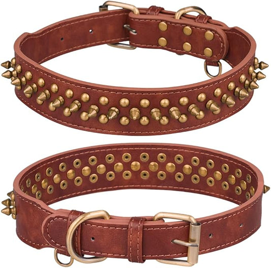 Spiked Dog Collar Soft Pu Leather Mushrooms Rivet Spike Studded Puppy Adjustable Pet Collars for Small Breeds (L, Brown2)