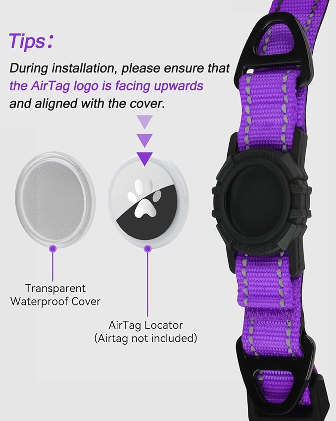 Joytale Airtag Dog Collar, Dual D-Rings, Reflective Pet Collar with Waterproof AirTag Holder, Soft Padded Adjustable for Large Dogs, Purple, L