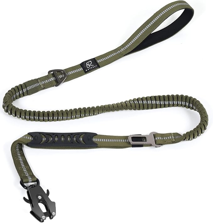 Raipult Tactical Heavy Duty Dog Leash,4-6FT Strong Bungee Dog Leashes with Frog Clip & Car Seatbelt,Reflective Walking Lead with 2 Handles for Medium Large Dogs,Green