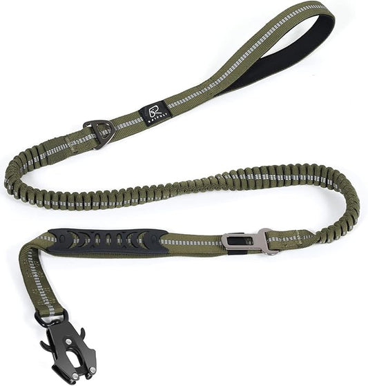 Raipult Tactical Heavy Duty Dog Leash,4-6FT Strong Bungee Dog Leashes with Frog Clip & Car Seatbelt,Reflective Walking Lead with 2 Handles for Medium Large Dogs,Green