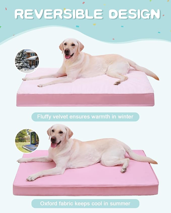 KSIIA Orthopedic Dog Bed - Waterproof & Washable with Removable Cover, Deluxe Plush Egg Crate Foam Design for Large Dogs, 41x27 Inch Pink Dog Crate Bed