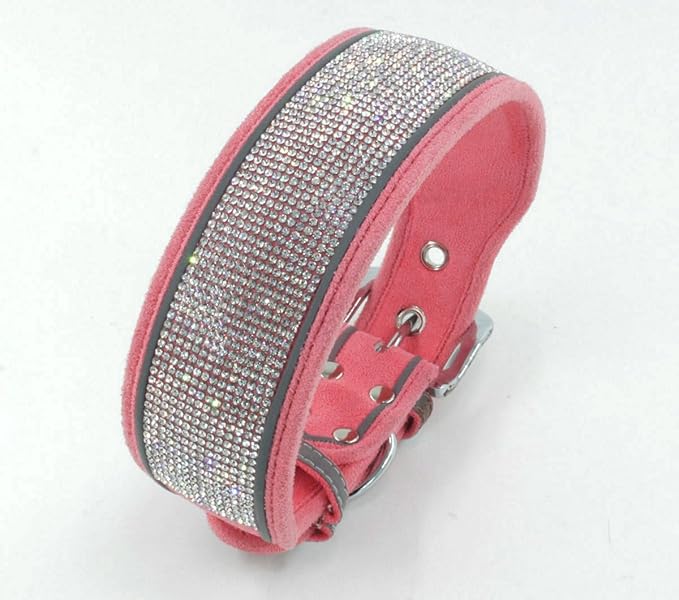 Bling Diamond Dog Collar for Females Girls,Soft Velvet Leather with Fancy Sparkly Crystal Rhinestones,Reflective Stripe,Suit Medium Large Dogs (Pink, M)
