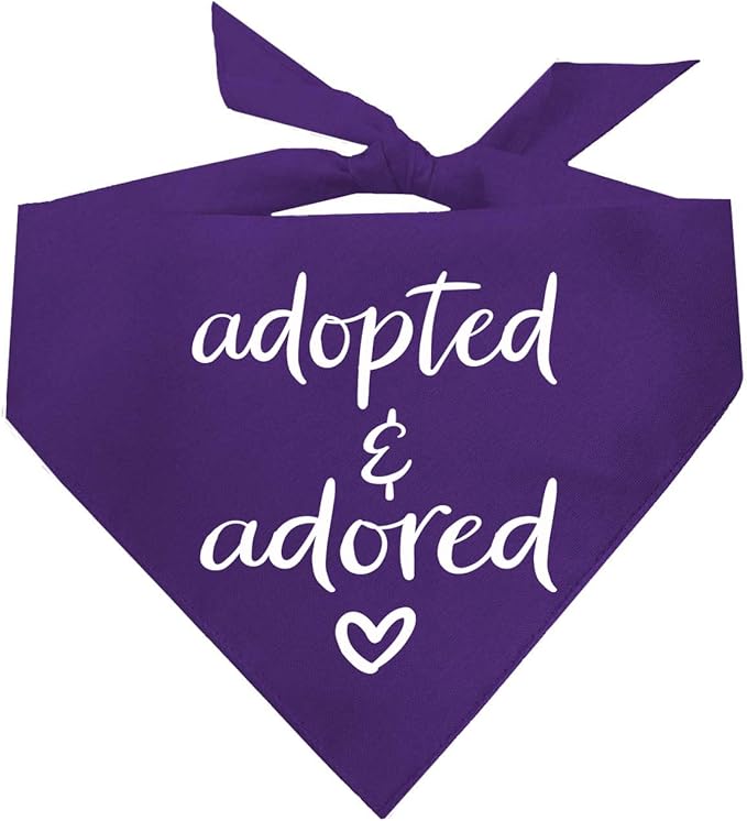 Adopted and Adored Dog Bandana | 100% Cotton Adjustable Triangle | Made in USA | Adoption Event Prop Photoshoot | Rescue | Purple X-Small (380)