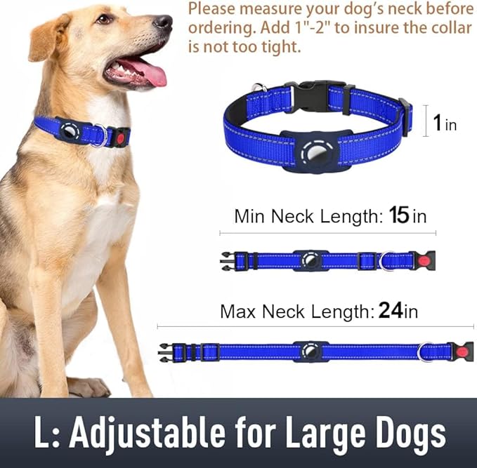 Airtag Dog Collar with AirTag Holder for Large Dogs, Reflective, Soft Padded & Safety Locking Buckle, Nylon Pet Collars Adjustable for All Breeds, NavyBlue,L