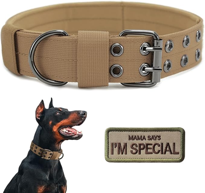 Tactical Dog Collar Military Adjustable Dog Collars Soft Nylon K9 Training Collar with Patch Heavy Duty Metal Buckle Collars for Medium Large Dogs (Brown, L)