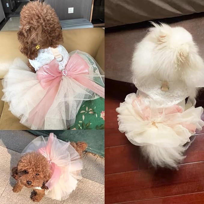 White Small Dog Wedding Dress with D-Ring, Bow Knot Puppy Clothes for Small Dog Girl,Cat Birthday Outfit, Pet Party Dress for Kitten Chihuahua Yorkie Pomeranian (White, X-Large)