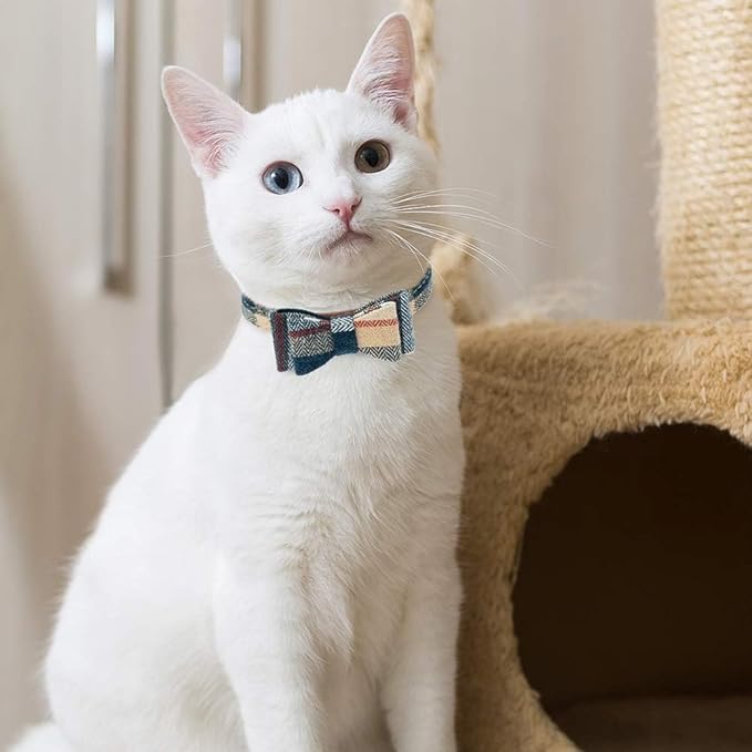 EXPAWLORER Dog Collar and Leash Set - Embroidery Pawprints Plaid Dog Collar and Dog Leash Set, Bow Tie and Bandana Dog Collar with Bell, Collar and Leash for Dogs Cats Outdoor Walking, Khaki S-M