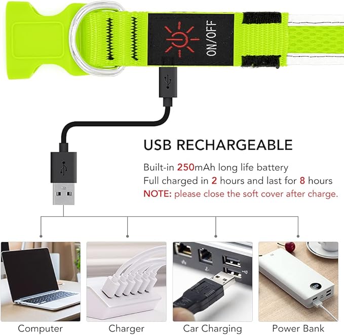YFbrite Light up Dog Collar, USB Rechargeable LED Puppy Collar Super Bright Adjustable Glowing Dog Lights for Night Walking (Green, Small)
