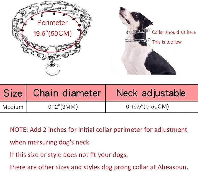 Prong Collars for Dogs, No Pull Dog Collar, Dog Training Collar for Large Medium Small Dogs, Stainless Steel Adjustable with Comfort Rubber Tips (Medium, 3.0mm, 19.6-Inch)