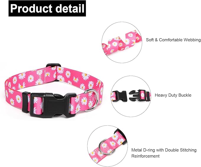 Adjustable Dog Collar with Patterns, Ultra Comfy Soft Nylon Breathable Pet Collar for Small Medium Large Dogs (M, Pink Daisy)