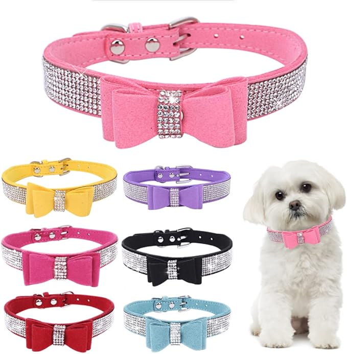 Small Dog Collars for Female Dogs, Cute Bling Rhinestone Crystal with Bow Tie Glitter Diamond Bowtie Puppy Collars for XXS XS Small Medium Large Pet Girls Dogs Cats, Pink S