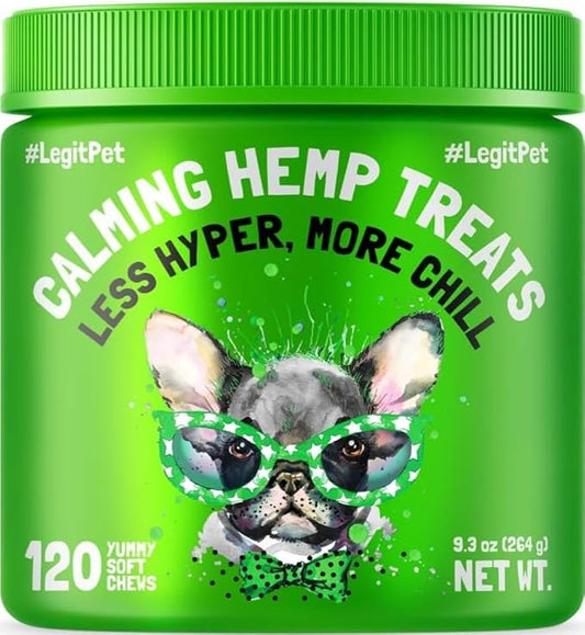 Calming Hemp Treats for Dogs Made in USA Organic Hemp Natural Separation Aid Helps Barking, Chewing, Thunder, Fireworks, Aggressive Behavior Soothing Stress Relief Natural Relaxation 120 Chews