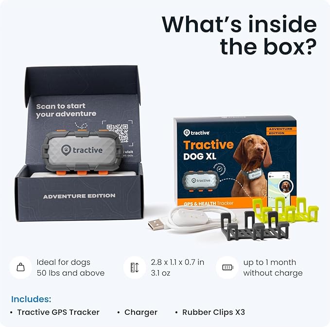 Tractive XL GPS Dog Tracker (50 lbs+) | Real-time Pet Location Tracker | Health & Wellness Alerts | Virtual Fence for Dogs | Dog Collar Attachment (Adventure Edition)