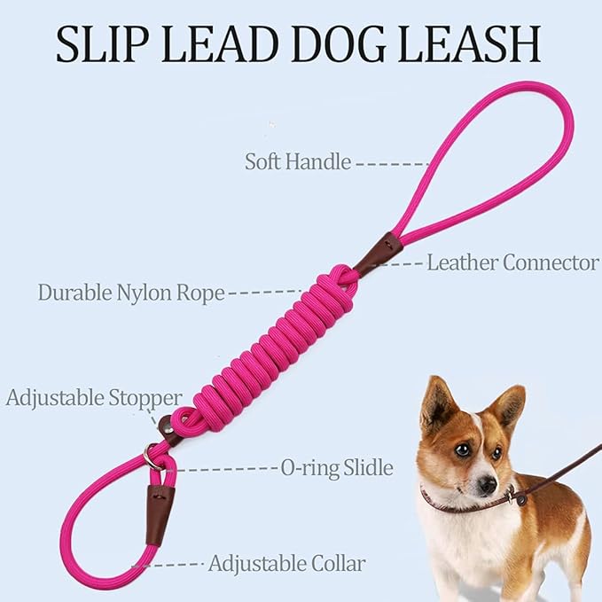 MayPaw Slip Lead Control Leash for Dogs No Pull, 13+ Colors Classic Dog Lead 7FT Pet Slip Leash, 1/4” Rope Leashes for Small Medium Animals (7ft*1/4", Rose red)