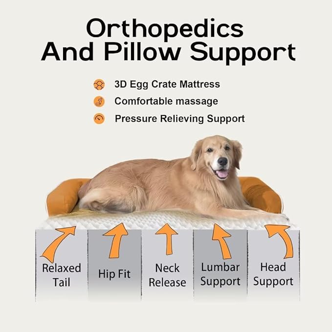Large Dog Bed Orthopedic Washable, Dog Beds for Large Dogs, Washable Cover Removable Bolster and Non-Slip Bottom Jumbo Orthopedic Orange Dogs Beds, XXLarge Extra Large Dogs