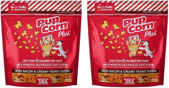 Pup Corn Plus - Puffed Dog Treats with Prebiotics and Probiotics - Bacon & Peanut Butter (4oz) - Made in USA (Pack of 2)