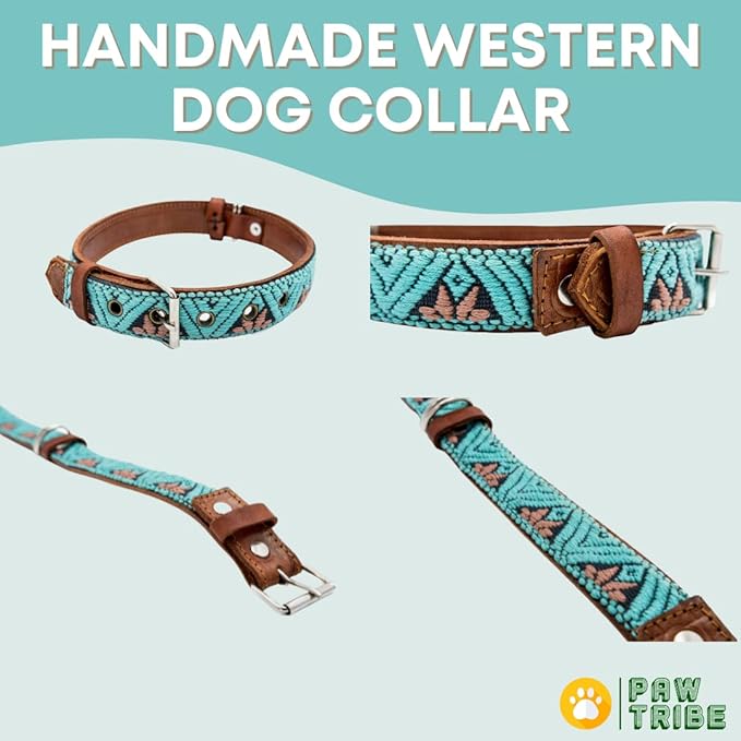 Western Dog Collar – Leather Dog Collar Embroidered Design for Small Medium Large Dogs & Puppy Pets - Aztec & Southwest for Boy and Girl Female & Male Dogs - Collar Para Perros (Small, Teal)