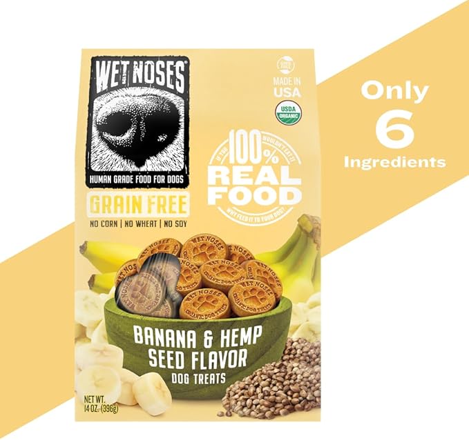 Organic Crunchy Dog Treats – for All Pet Sizes, Breeds – All-Natural Puppy Treat, Senior Dog Snack – 100% Human-Grade – Delicious Chews for Dogs – Hemp Seed & Banana, 14 Oz (2-Pack)