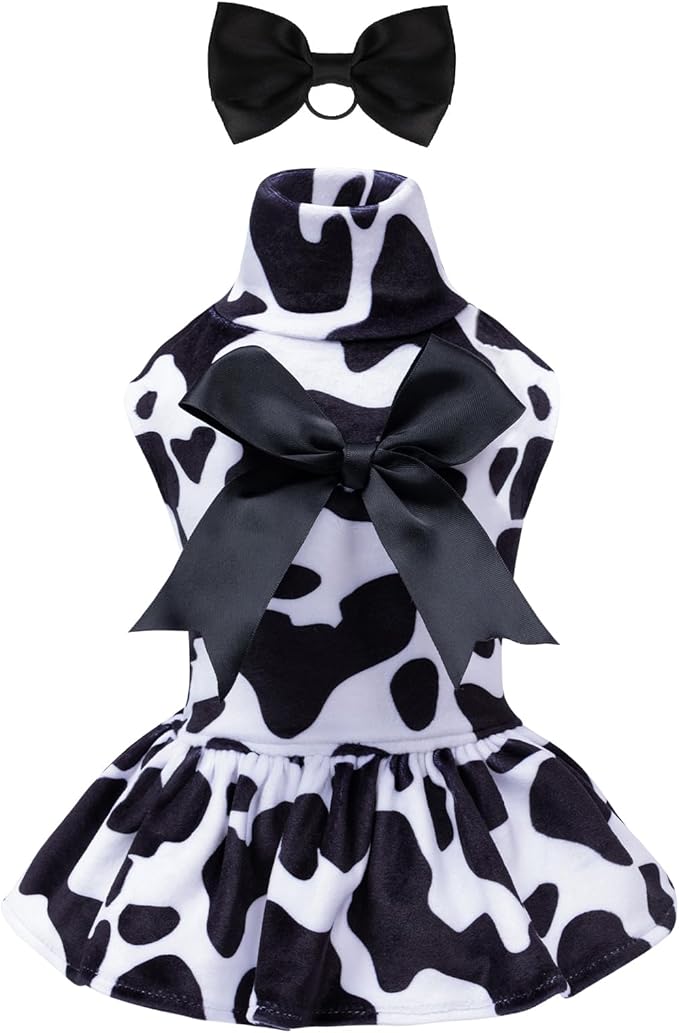 CuteBone Turtleneck Dog Velvet Dress Puppy Skirt Costume Pet Clothes Cat Apparel with Bow Hair Rope for Small Dogs CVD07S