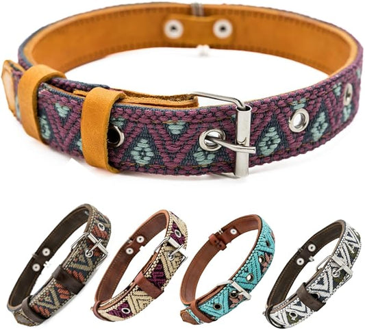 Western Dog Collar - Leather Embroidered Design for Small Medium Large Dogs & Puppy Pets - Aztec Southwest for Boy Girl Female & Male Dogs - Collar para Perros Beaded (Large, Camelot)