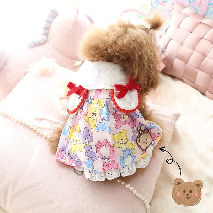 Elegant Princess Bear Printed Dress Cotton Tutu with Rabbit Ears for Small, Extra Small Dog Teddy, Pug, Chihuahua, Shih Tzu, Yorkshire Terriers Pink L