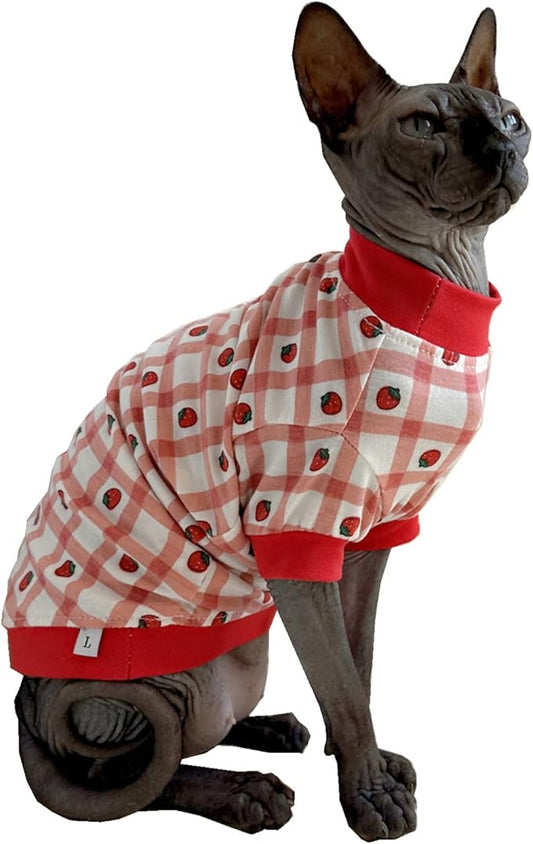 Sphynx Hairless Cat Cute Summer Cotton T-Shirts Pet Clothes,Round Collar Kitten Shirts Cats Apparel (Checkered Strawberry, X-Large (Pack of 1))