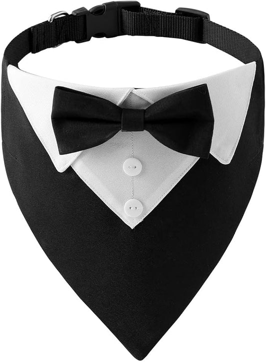 Tuxedo Dog Collar for Wedding Engagement and Birthday, Formal Dog Bandana Collar Costume with Bow Tie and Adjustable Buckle,Suitable for Small Medium Large Dog. (Black, L)