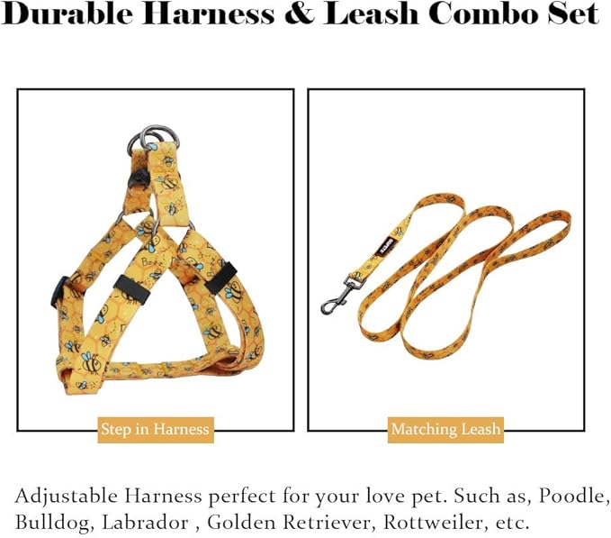 QQPETS Dog Harness Leash Set Adjustable Heavy Duty No Pull Halter Harnesses for Small Medium Large Breed Dogs Back Clip Anti-Twist Perfect for Walking (L(23"-32" Chest Girth), Yellow Bee)